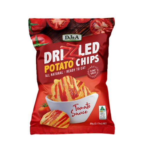 Drizzled potato chips tomato sauce